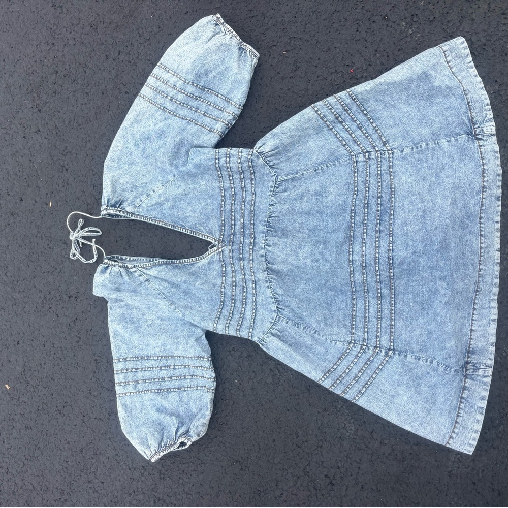 Free People Denim Blue Puff Sleeve Mini Dress